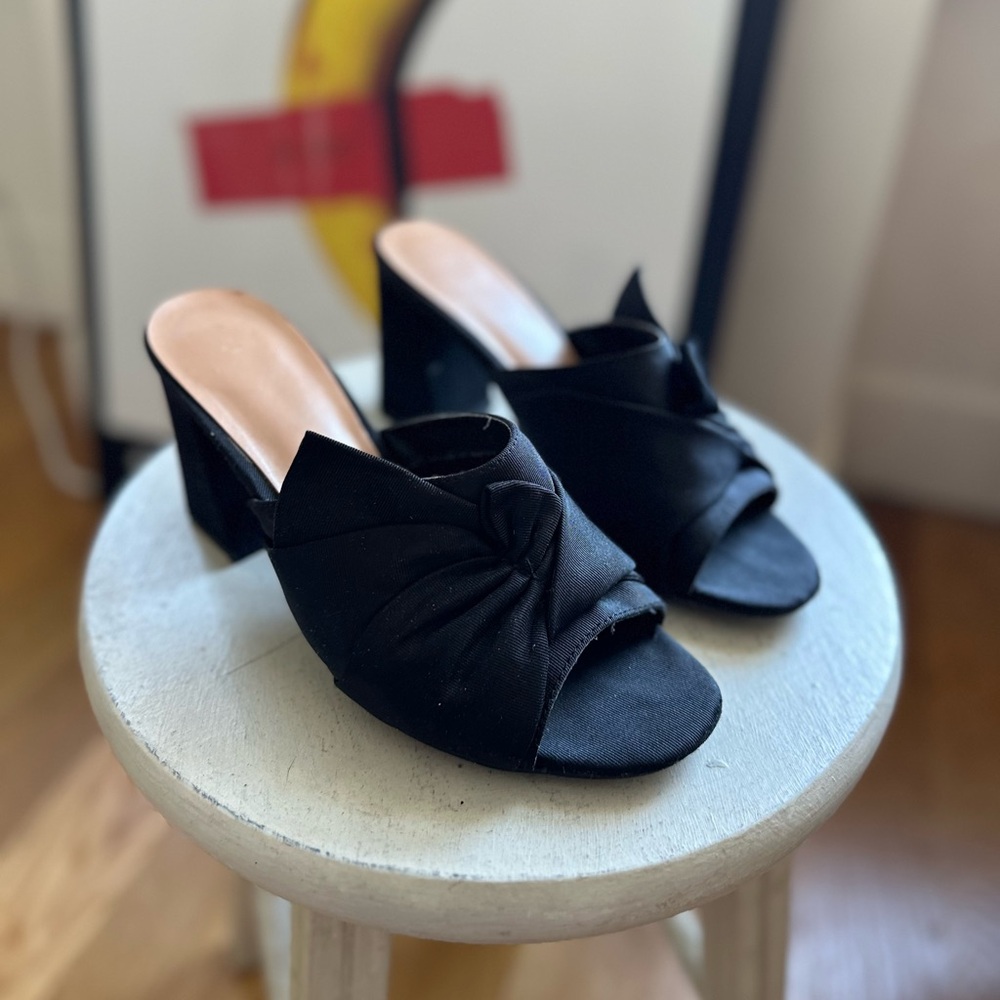 Black Origami-Style Fabric Slip-On Heels - Size 7